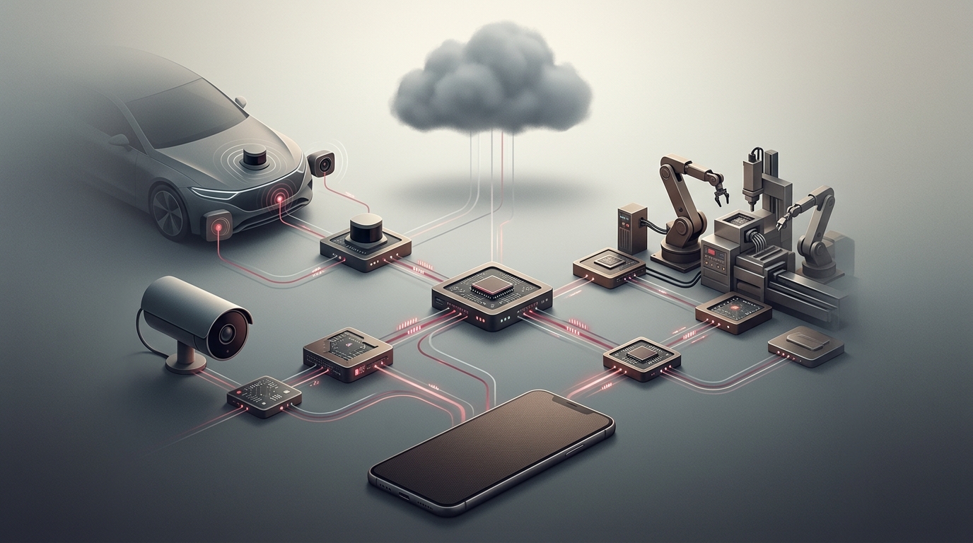 Modern edge computing microchip with glowing neural connections bridging a smartphone and edge sensor devices